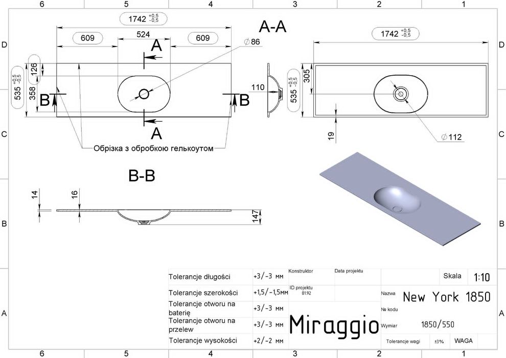 Umywalka z lanego marmuru długa Miraggio.