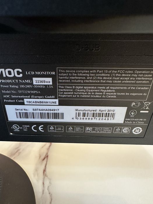 Продаю монитор AOC 2236Swa, 21,5 дюйм