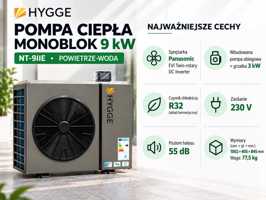 Pompa ciepła HYGGE monoblok 9 kW NOWA sprężarka Panasonic inwerter A+++
