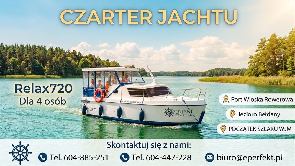 Czarter jachtu Relax720 Mazury WJM Ruciane-Nida  wypożyczalnia jachtów łodzi wakacje lato urlop Mazury Mikołajki