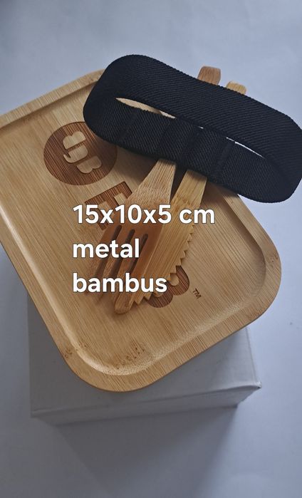 Komplet pudełko metalowe z pokrywką bambusową widelec i nóż