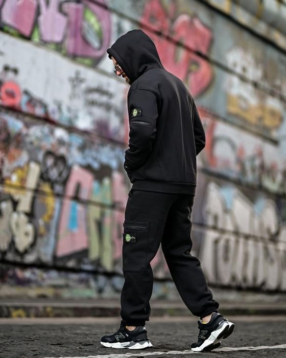 Чорний теплий на флісі зимовий спортивний костюм Stone island Tetra