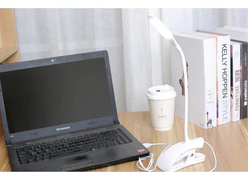 Яркая светодиодная настольная лампа на прищепке LED 14 USB белая MH-0