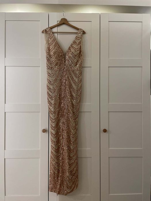 Sukienka wieczorowa maxi – cekiny, różowe złoto , Sylwester
