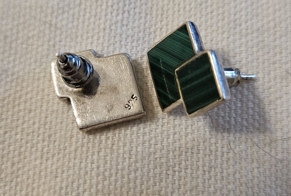 Brincos Geométricos Vintage-Prata de Lei 925 e Malaquite Pura