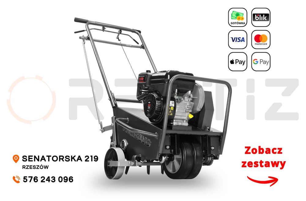 Aerator rurkowy wynajem - aeracja i napowietrzanie trawnika, spalinowy Weibang WB457AB, 24 rurki, korki do 7 cm