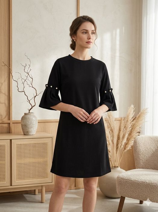 Nowa Sukienka Oversize czarna 38 M z perłami rękawa falbanki wygodna