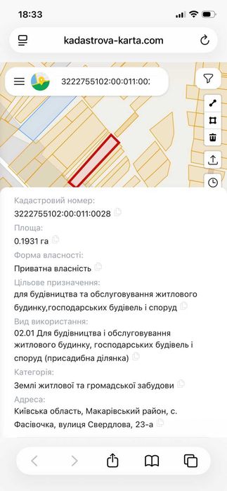 Продаж ділянки 0,19 га.0,17га Макарів (Фасівочка)