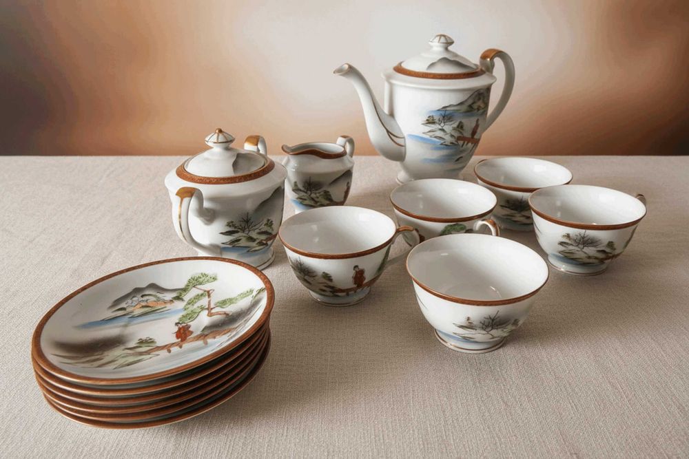 Serviço de Chá Japonês Vintage Ocean Queen com Litofania Geisha