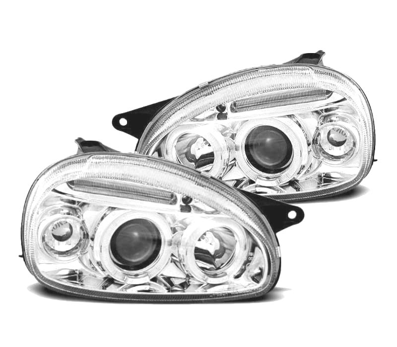 FARÓIS ANGEL EYES OPEL CORSA B 93-00 FUNDO CROMADO MAN.