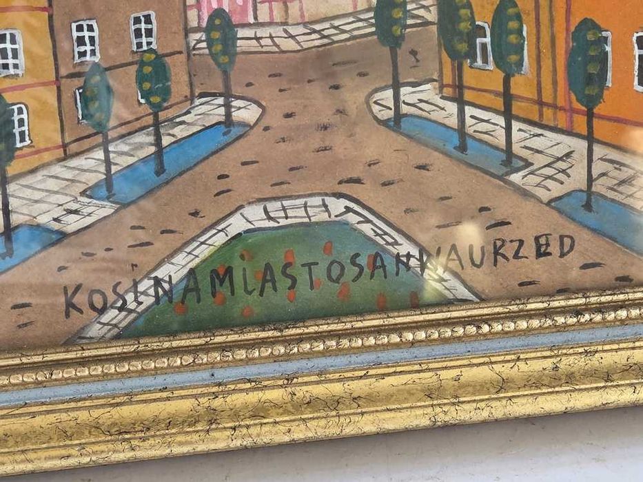Stary obraz akwarela widok miasta z kościołem Nikifor (35 x 30 cm)