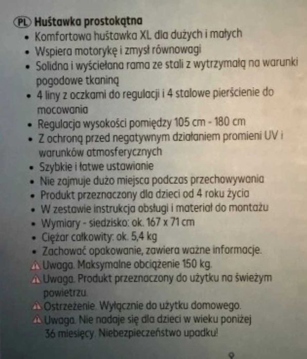 Huśtawka ogrodowa duza udzwig 150kg. 167/71 cm
