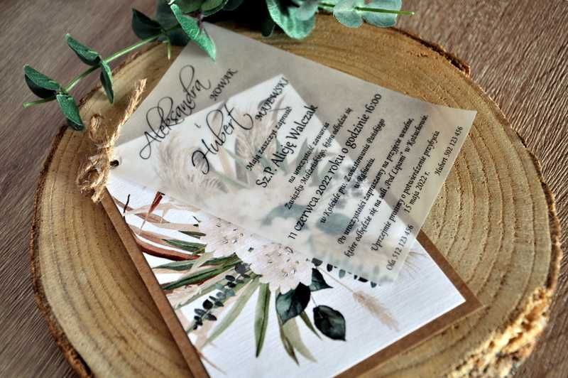 Zaproszenie, kalka, na podkładach, Boho, Rustykalne Trawy, Ślub