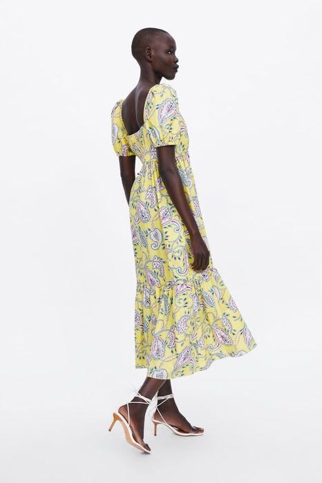 Шикарное платье zara, длинное, s m макси, катон вискоза, летнее жёлтое с узорами, рукава фонарики, для беременных, новое лёгкое воздушное сукня зара