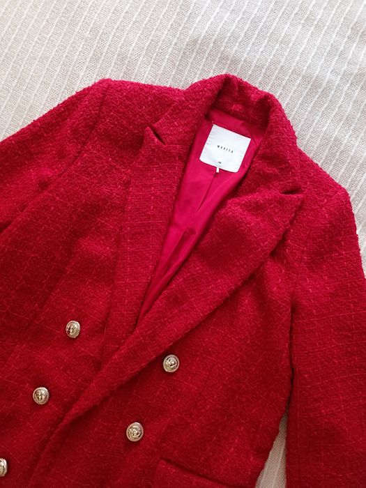 Czerwona tweedowa marynarka długi rękaw elegancka mohito 36 S