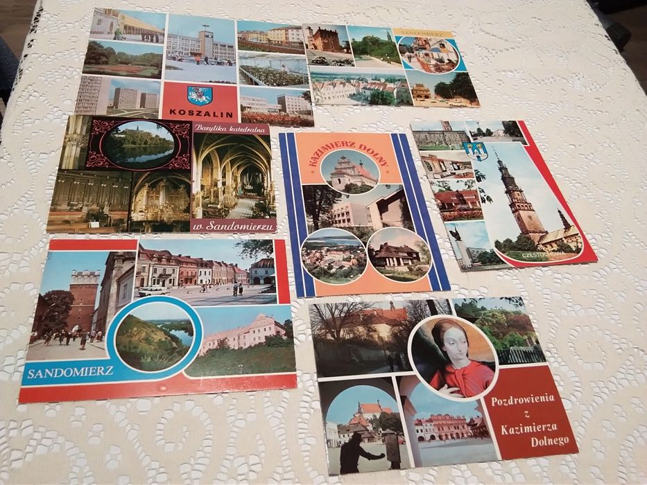 7 widokówek z PRL, Koszalin, Sandomierz, Kazimierz Dolny, Częstochowa.