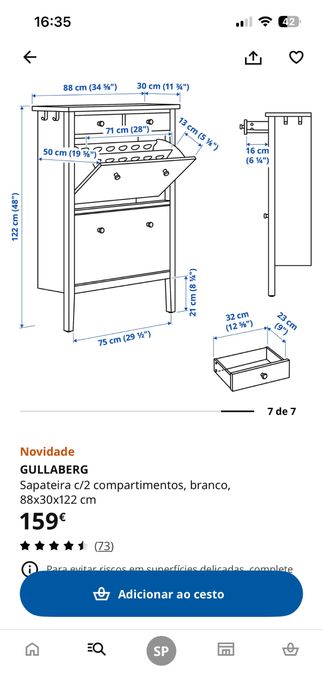 Sapateira IKEA GULLABERG branca 88x30x122 cm