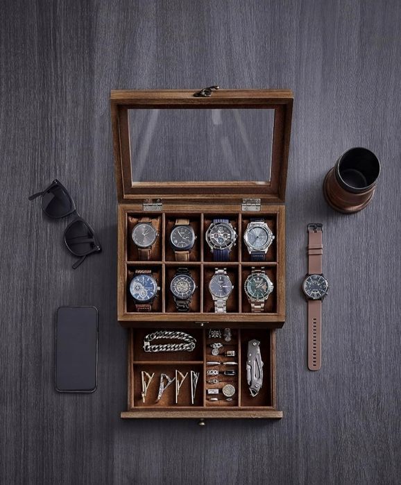 Nowa drewniana szkatułka organizer na biżuterię zegarki