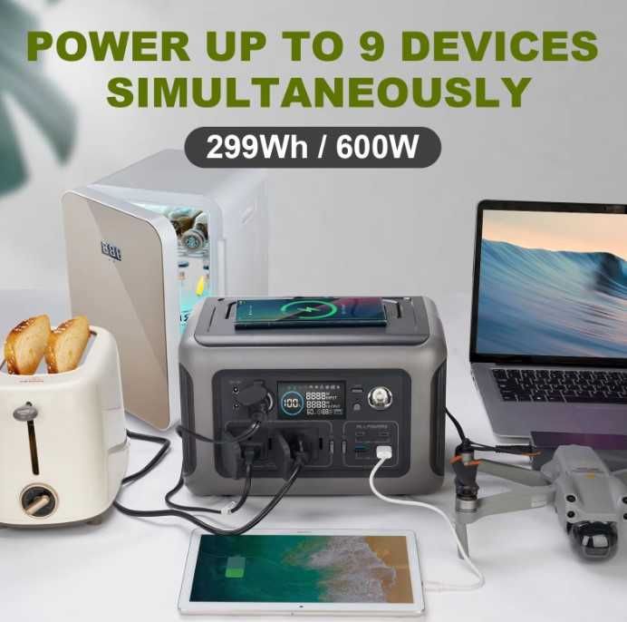 Estação Energia Portátil 600W/1200W LifePo4 + Painel Solar Dobrável