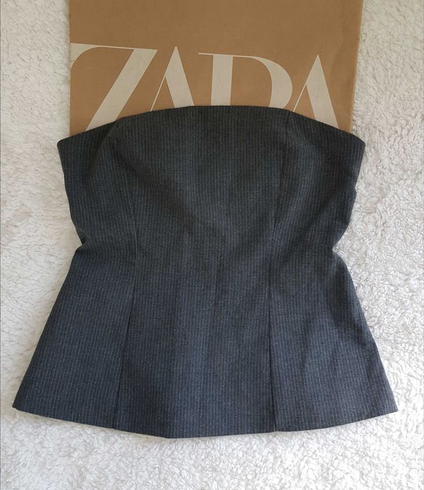 Zara gorsetowy szary top bluzka tuba w drobne paseczki