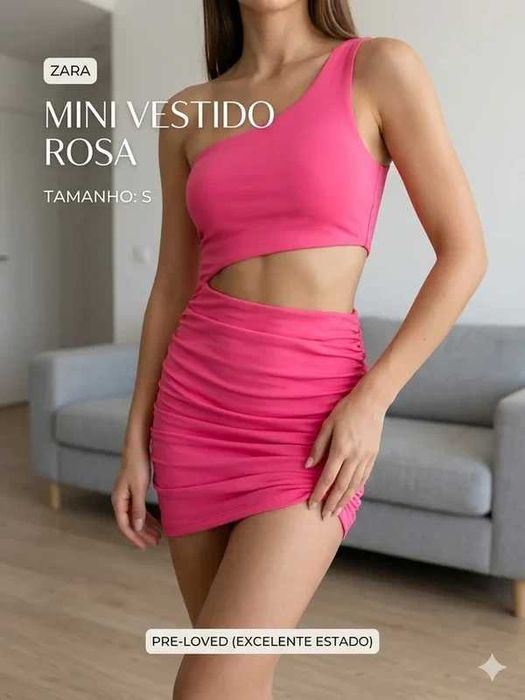 Vestido Mini Zara Rosa Neon – Assimétrico com Cut-out – Tamanho S