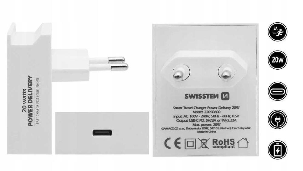 Szybka Ładowarka Sieciowa SWISSTEN USB-C PD 20W * Video-Play Wejherowo