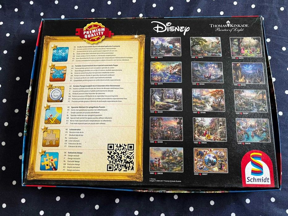 Puzzle Schmidt - Disney por Thomas Kinkade: 1000 peças; 4x 500 peças (Pequena Sereia, Aristogatos, Pocahontas, 101 Dálmatas, Rei Leão, Peter Pan)