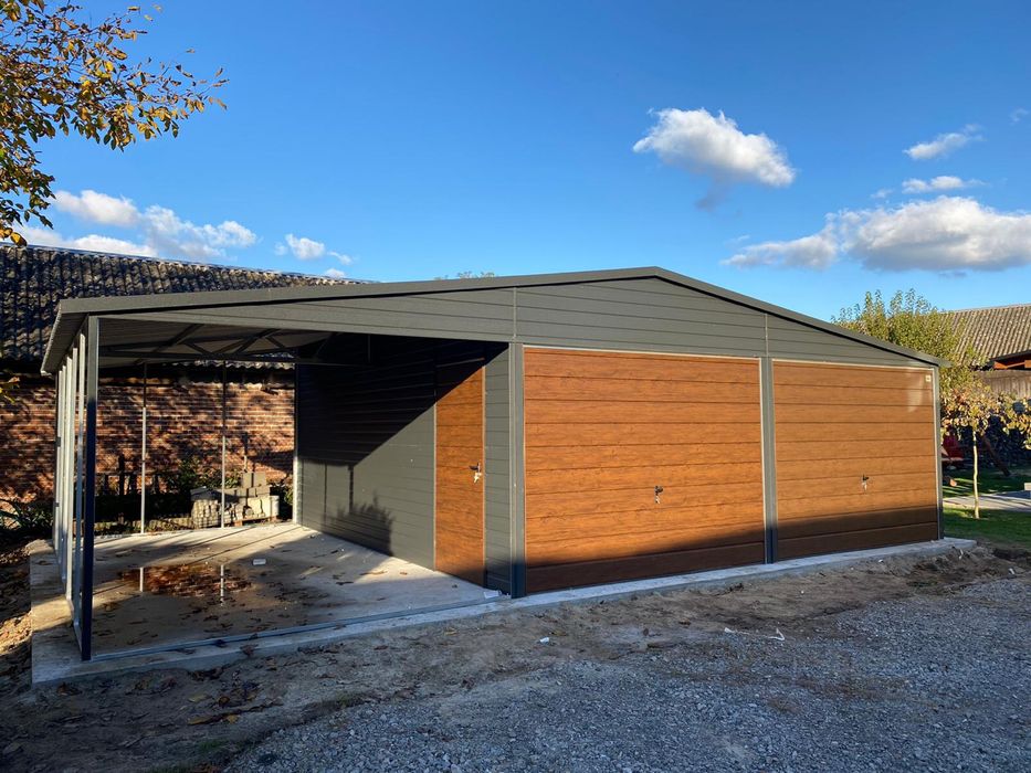 Garaż blaszany 6x6 plus wiata 3x6, antracyt, grafit mat. PRODUCENT
