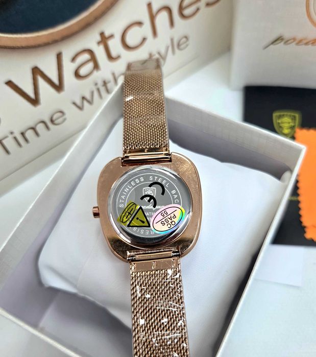 Relógio Poedagar feminino – Rose Gold – Mostrador prateado – Bracelete Mesh