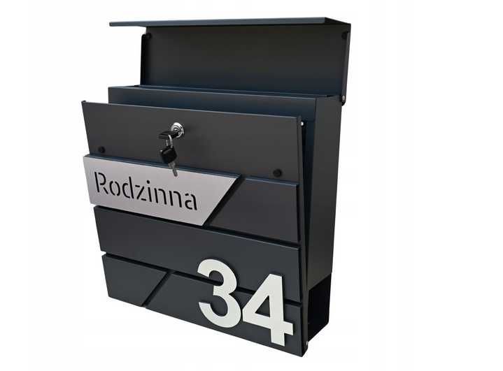 DUŻA skrzynka na listy z ADRESEM NUMEREM DOMU RAL 7016 frez antracyt