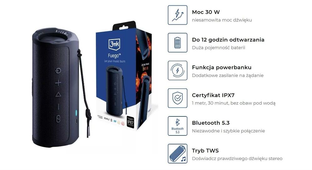 Głośnik bezprzewodowy 3mk Fuego black z funkcja powerbank