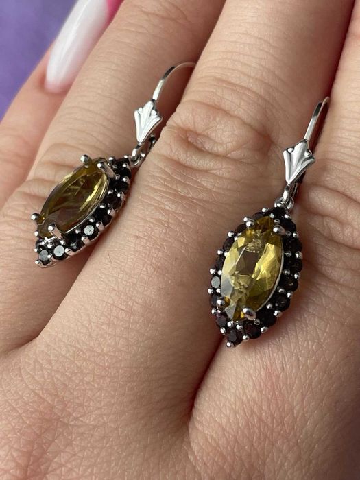 Серьги из серебра 925 пробы с цитрином и раух топазом