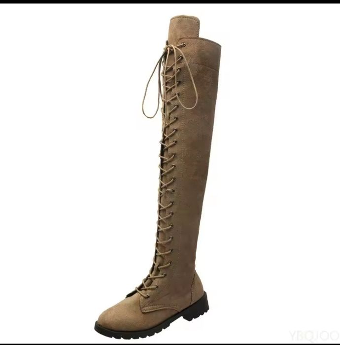 Ботфорди бежеві, екозамш, ботфорди на шнурках