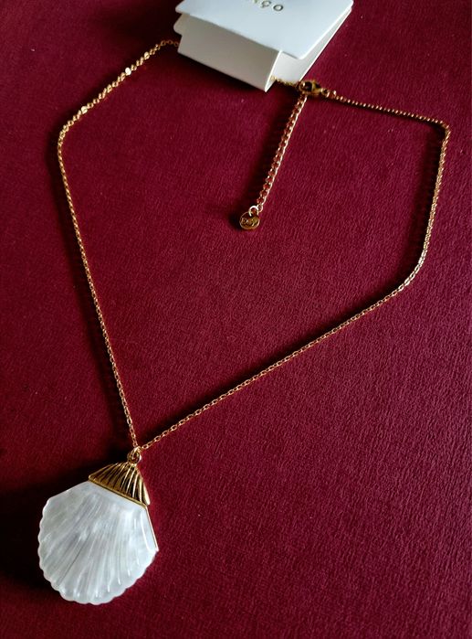 Colar dourado, em aço, com concha em madrepérola.  Tem extensor.