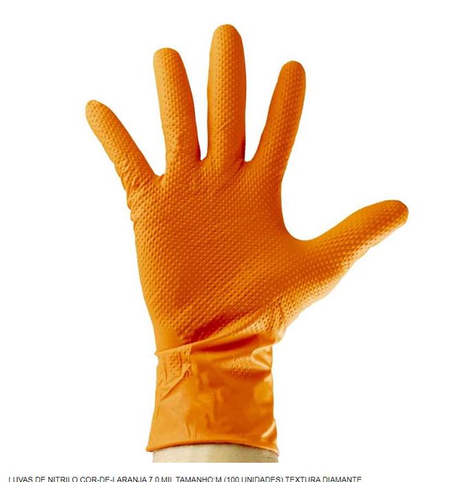 LUVAS DE NITRILO TEXTURADAS COR-DE-LARANJA M/L/XL (100/90UND UNIDADES)