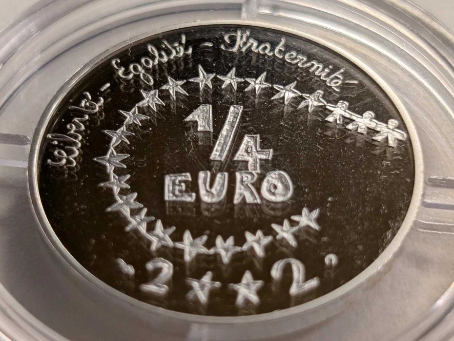 Moeda 1/4 euro francesa, em prata, do ano 2002 com certificado