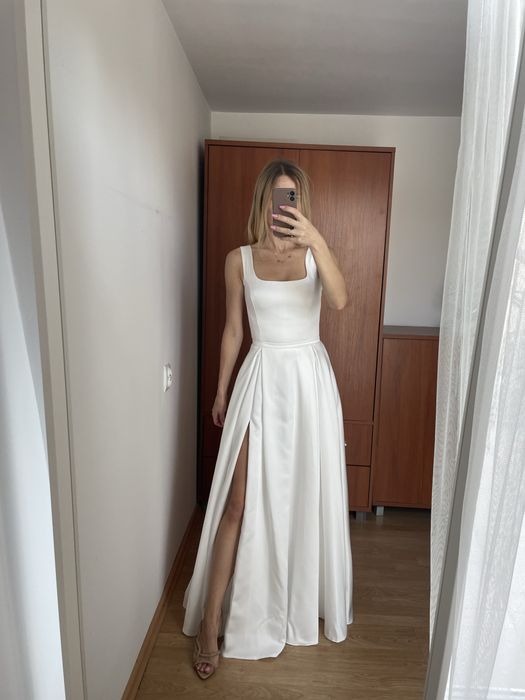 Suknia ślubna biała satynowa klasyczna rozkloszowana old money XS