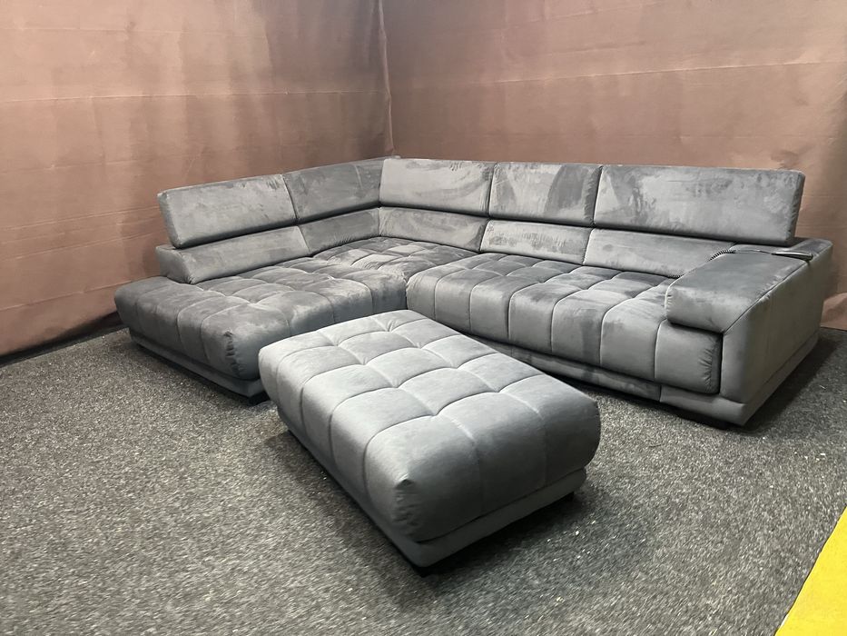 Кутовий мякий диван Німечинна велюр темно синій розкладний з пуфом