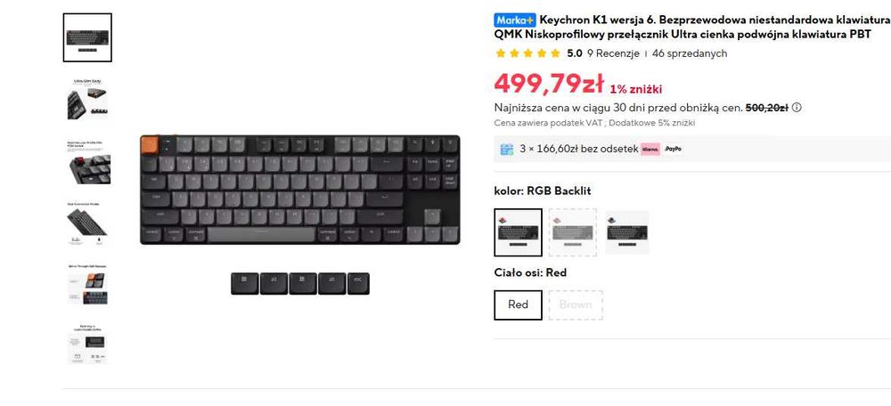 Sprzedam klawiaturę mechaniczną Keychron K1 Wireless Mechanical Keyboard. Klawiatura była używana tylko przez tydzień, jest w bardzo dobrym stanie.