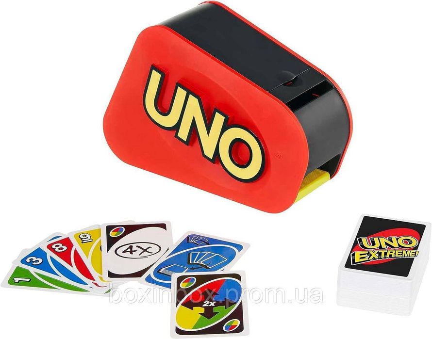 Настільна карткова гра UNO Extreme від Mattel із запуском випадкових дій.УНО Екстрім