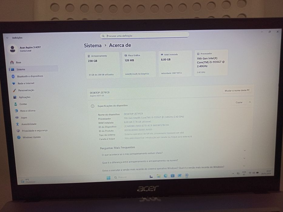 Portátil Acer Aspire 3 i5 11ª Gen | 8GB | SSD 256GB | 17.3” Full HD
