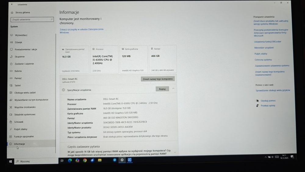 Laptop Dell latitude e7470 16 GB procesor I5 6300u 500Gb dysk