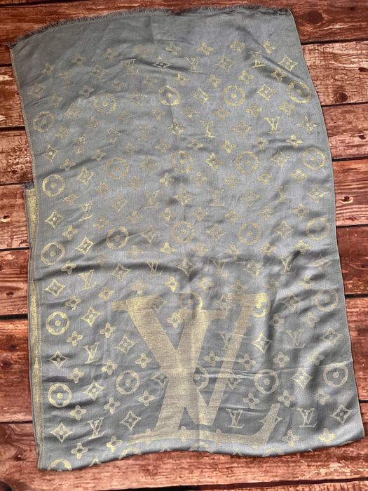 Duży szal chusta złoty szary wełna i kaszmir LV Vuitton