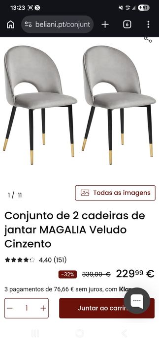 Conjunto 6 cadeiras magalia veludo cinza