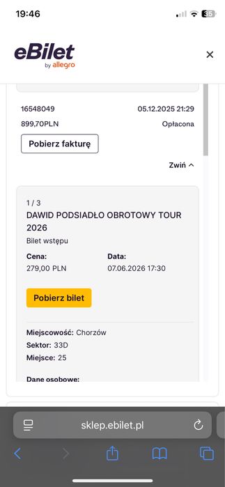 Dawid Podsiadło Obrotowy Tour 3-bilety ( rezerwacja do 7-maja )