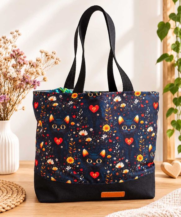 Torba shopper Hand made czarne koty serca wodoodporny materiał