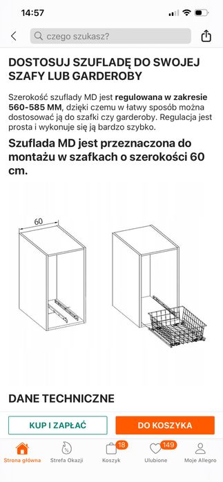 Kosz szuflada do szafy, garderoby 60
