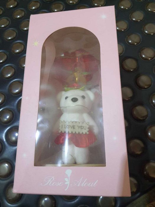Кришталева троянда в колбі з ведмедиком і сердечком I Love You.153