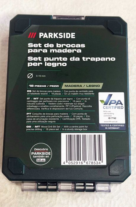 Parkside caixa com 18 brocas para madeira. Caixa fechada, sem uso