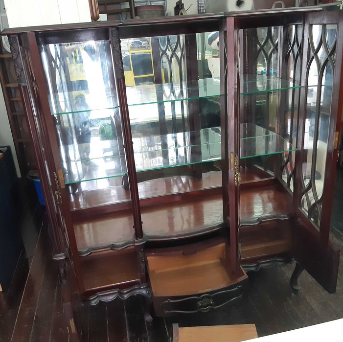 Retro Vintage Antiga Linda Cristaleira Madeira Maciça Trabalhada Vidro